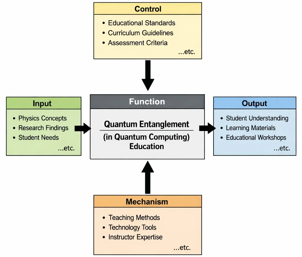 IDEF0 diagram of “Quantum Entanglement (in Quantum Computing) Education” showing inputs, controls, mechanisms, and outputs connected to a central function box.