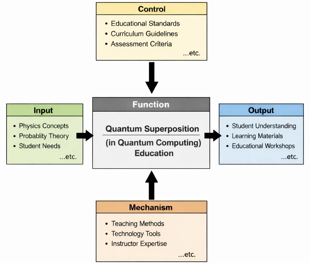 IDEF0 diagram of “Quantum Superposition (in Quantum Computing) Education” showing inputs, controls, mechanisms, and outputs connected to a central function box.