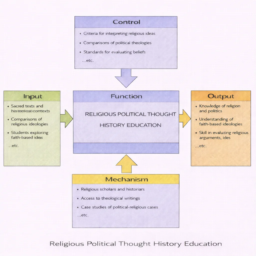 IDEF0 diagram showing how religious texts and historical contexts are analysed through interpretive frameworks to understand political thought.
