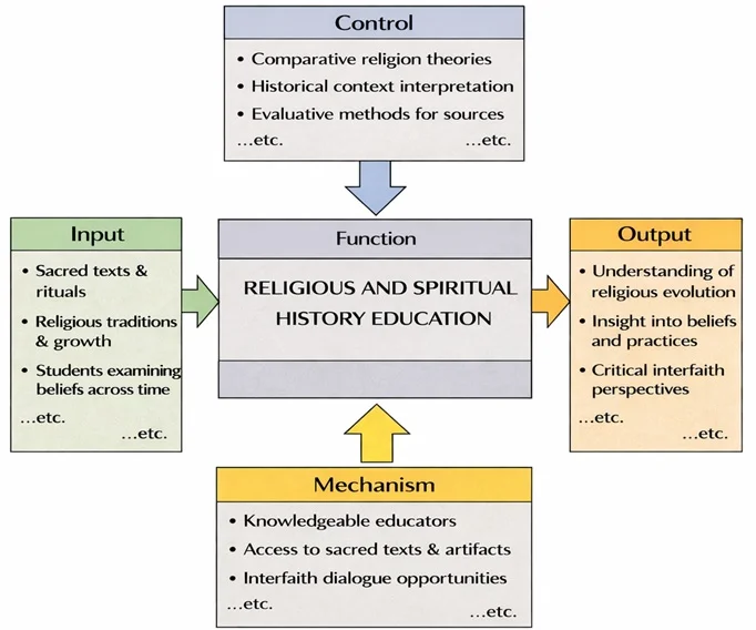 IDEF0 diagram of Religious and Spiritual History Education showing a central Function box with Inputs, Controls, Mechanisms, and Outputs.