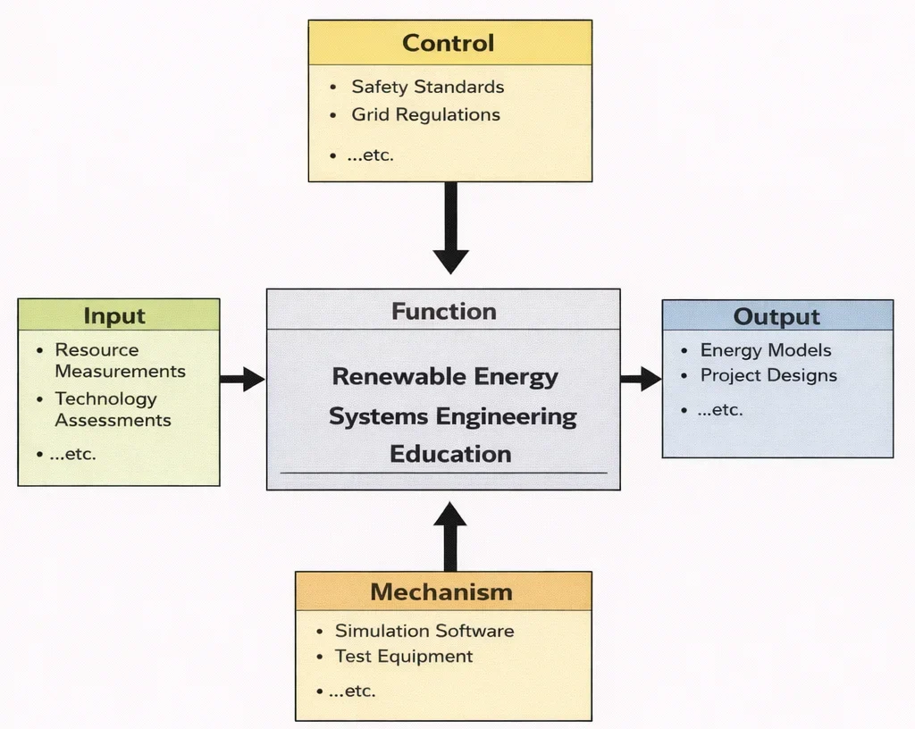 IDEF0 diagram for Renewable Energy Systems Engineering Education showing Inputs, Controls, Outputs, and Mechanisms feeding a central Function box.