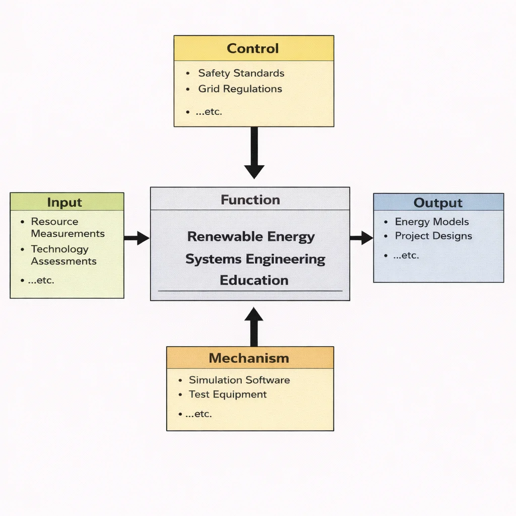 IDEF0 diagram for Renewable Energy Systems Engineering Education showing Inputs, Controls, Outputs, and Mechanisms feeding a central Function box.