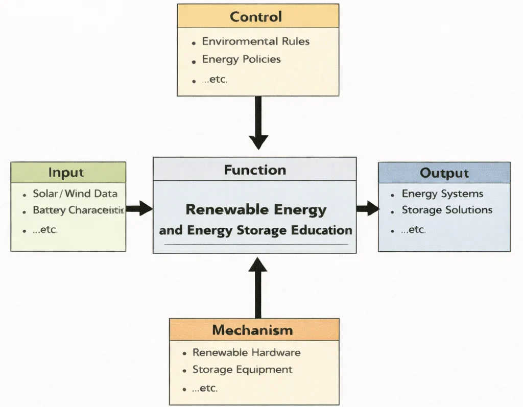 IDEF0 diagram showing Renewable Energy and Energy Storage Education with inputs of solar wind data and battery metrics, controls of environmental rules and energy policies, mechanisms of renewable hardware and simulation tools, and outputs of energy systems and storage solutions