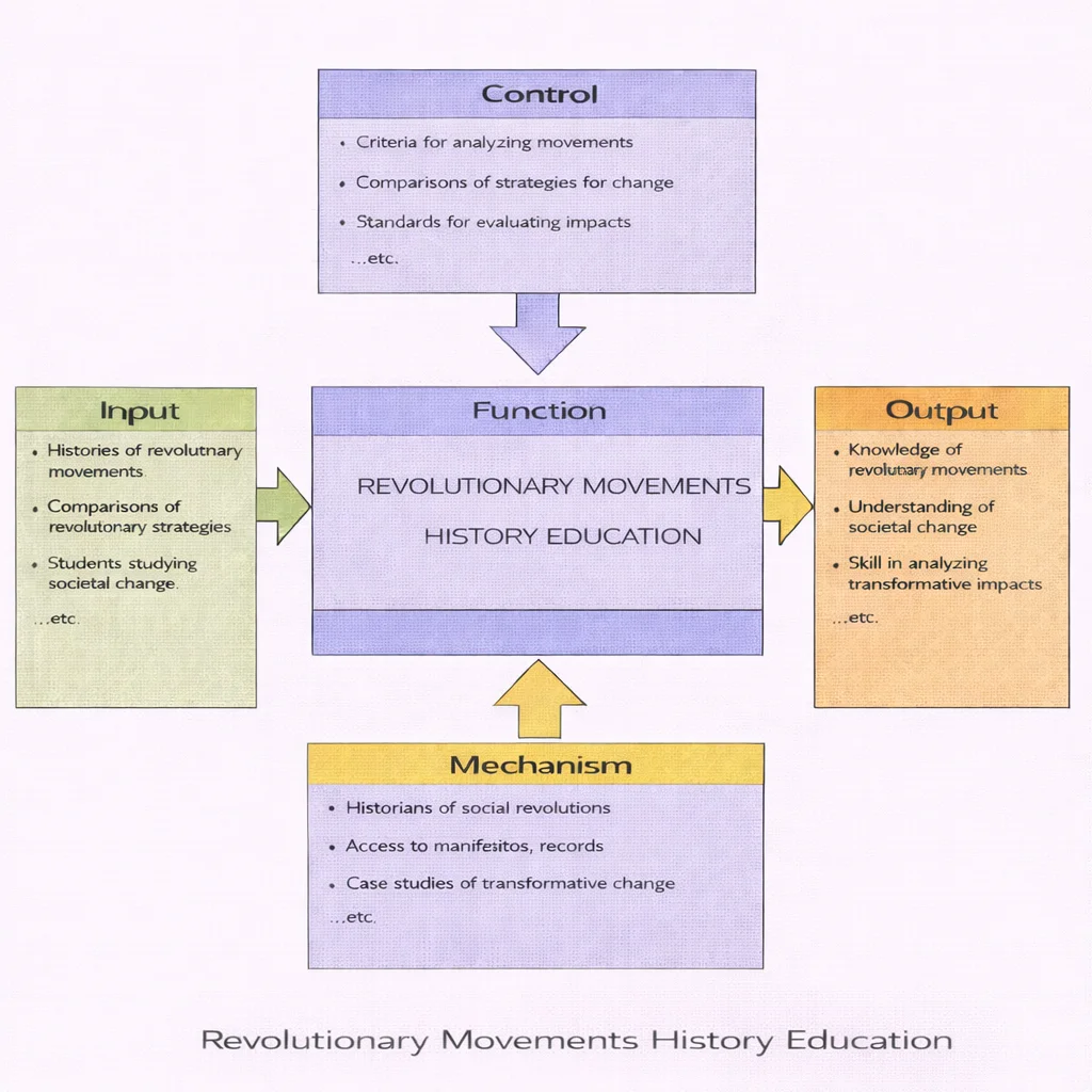IDEF0 diagram showing Revolutionary Movements History Education with Input, Control, Output, and Mechanism boxes connected by arrows to a central Function box.