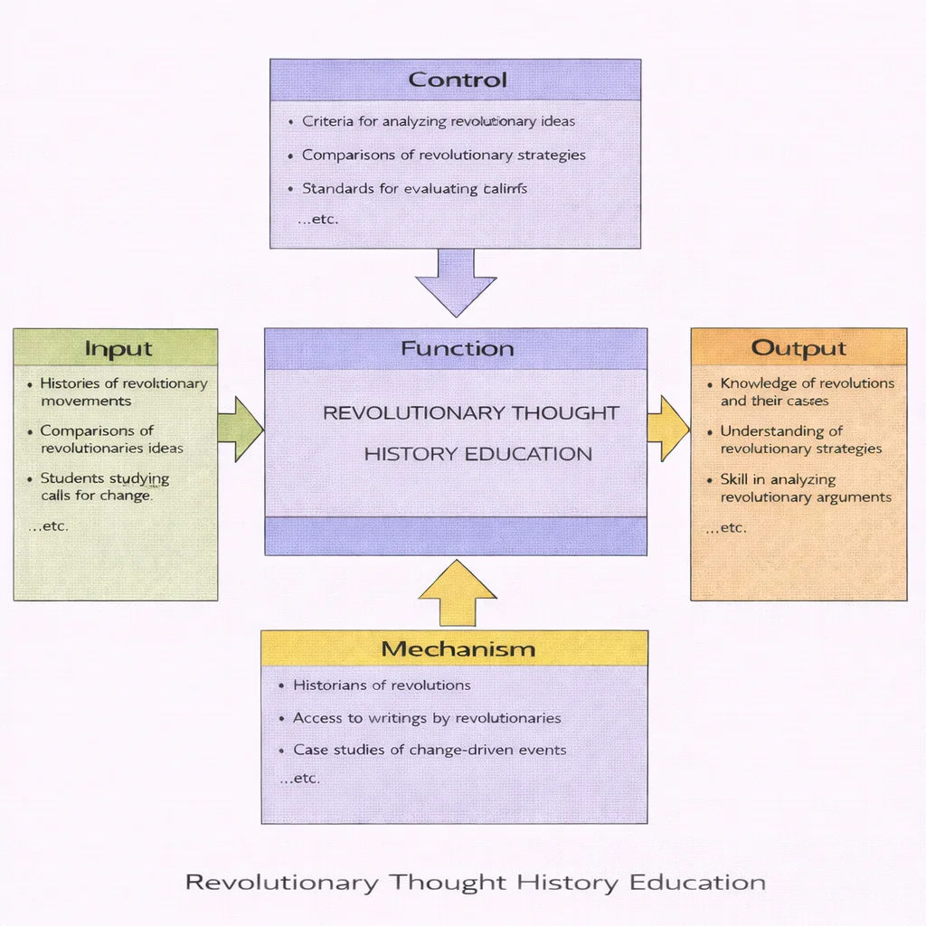 IDEF0 diagram showing Revolutionary Thought History Education, with inputs, controls, outputs, and mechanisms connected by arrows to a central function box.