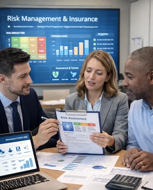 Insurance advisor reviewing risk assessment charts with a client while discussing financial protection options.