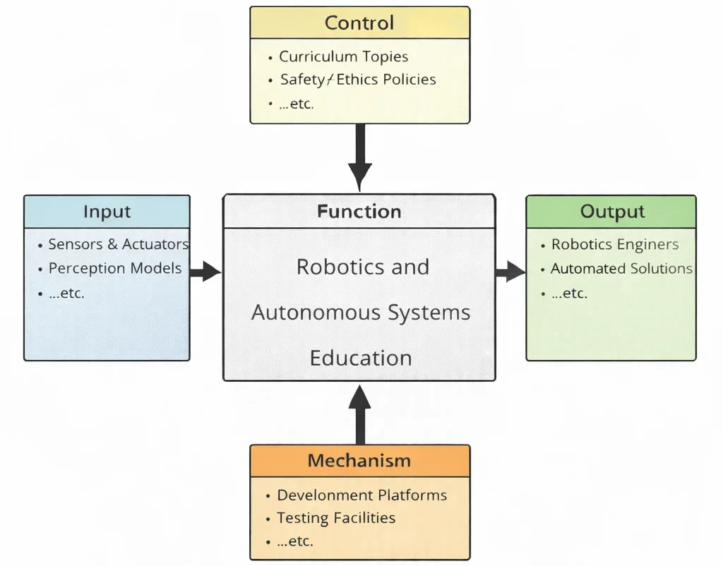 IDEF0 functional model diagram illustrating inputs, controls, mechanisms, and outputs for Robotics and Autonomous Systems Education.