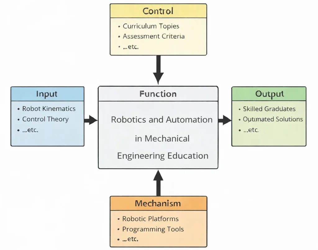 IDEF0 diagram of Robotics and Automation in Mechanical Engineering Education showing robot kinematics and control theory as inputs, shaped by curriculum topics and assessment criteria, enabled by robotic platforms and programming tools, producing skilled graduates and automated solutions.