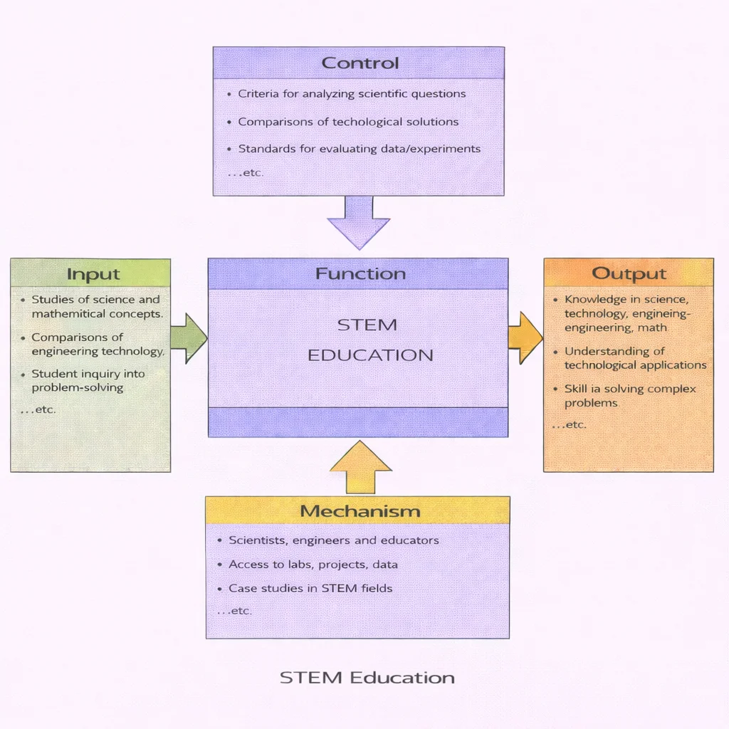 IDEF0 diagram of STEM Education showing Inputs, Controls, Outputs, and Mechanisms linked by arrows to a central Function box labeled “STEM Education.”