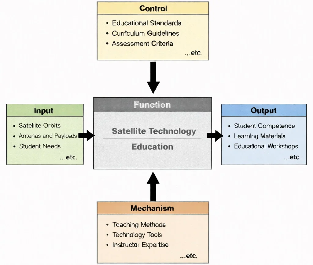 IDEF0 diagram of Satellite Technology Education showing inputs, controls, mechanisms, and outputs connected by arrows to a central function box.