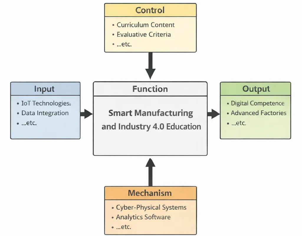IDEF0 diagram of Smart Manufacturing and Industry 4.0 Education showing IoT and data integration inputs, curriculum and evaluation controls, cyber-physical systems and analytics mechanisms, and outputs such as digital competence and advanced factory capability.