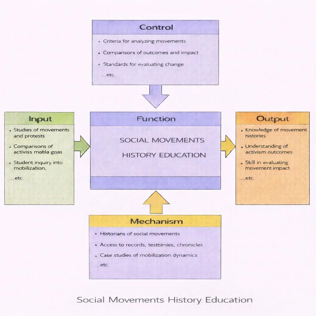 IDEF0 diagram for Social Movements History Education showing Inputs, Controls, Outputs, and Mechanisms feeding the central function.