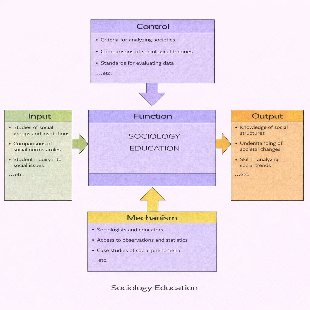 IDEF0 diagram of Sociology Education showing Inputs, Controls, Outputs, and Mechanisms connected by arrows to a central Function box.