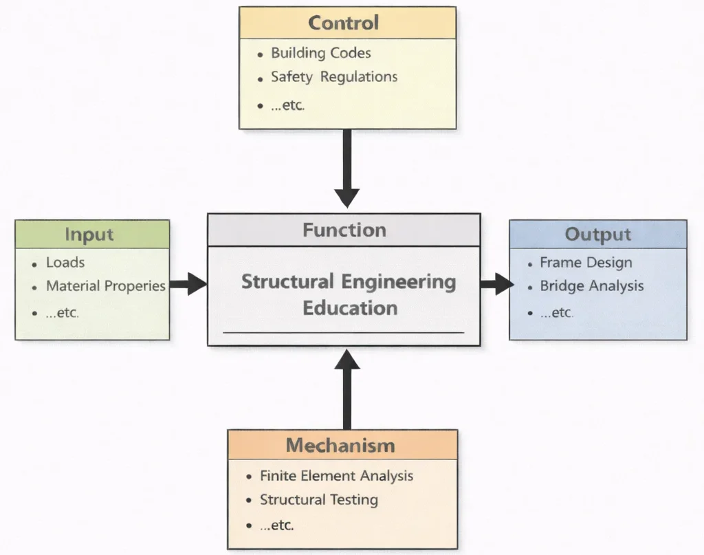 IDEF0 diagram showing Structural Engineering Education: inputs (loads, material properties), controls (building codes, safety regulations), mechanisms (finite element analysis, structural testing), and outputs (frame design, bridge analysis).