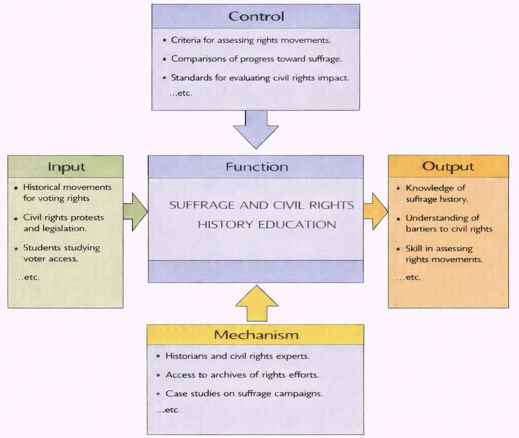 IDEF0 diagram showing Suffrage and Civil Rights History Education as a central function.