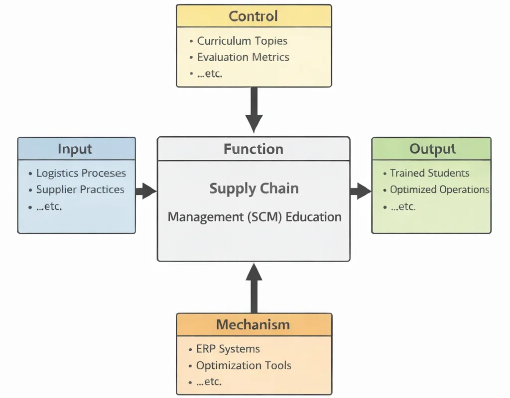 IDEF0 diagram of Supply Chain Management (SCM) Education showing logistics processes and supplier practices as inputs, guided by curriculum topics and evaluation metrics, supported by software and analytical tools, producing trained students and optimized operations.