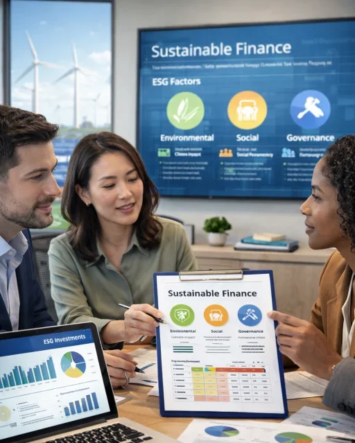 Three finance professionals discuss sustainable finance and ESG factors while reviewing reports and charts in a modern office.