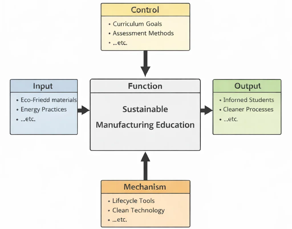 IDEF0 diagram of Sustainable Manufacturing Education showing eco-friendly materials and energy practices as inputs, shaped by curriculum goals and assessment methods, enabled by lifecycle tools and clean technology, producing informed students and cleaner processes.