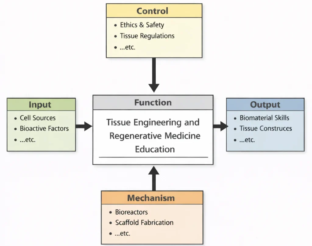 IDEF0 diagram of Tissue Engineering and Regenerative Medicine Education showing Inputs (cell sources, bioactive factors), Controls (ethics & safety, tissue regulations), Mechanisms (bioreactors, scaffold fabrication), and Outputs (biomaterial skills, tissue constructs).