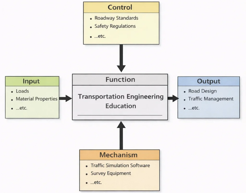 IDEF0 diagram showing Transportation Engineering Education transforming transport demand and traffic data (inputs), guided by regulations and safety standards (controls), using labs and simulation tools (mechanisms), into planning, design, and operations skills (outputs).