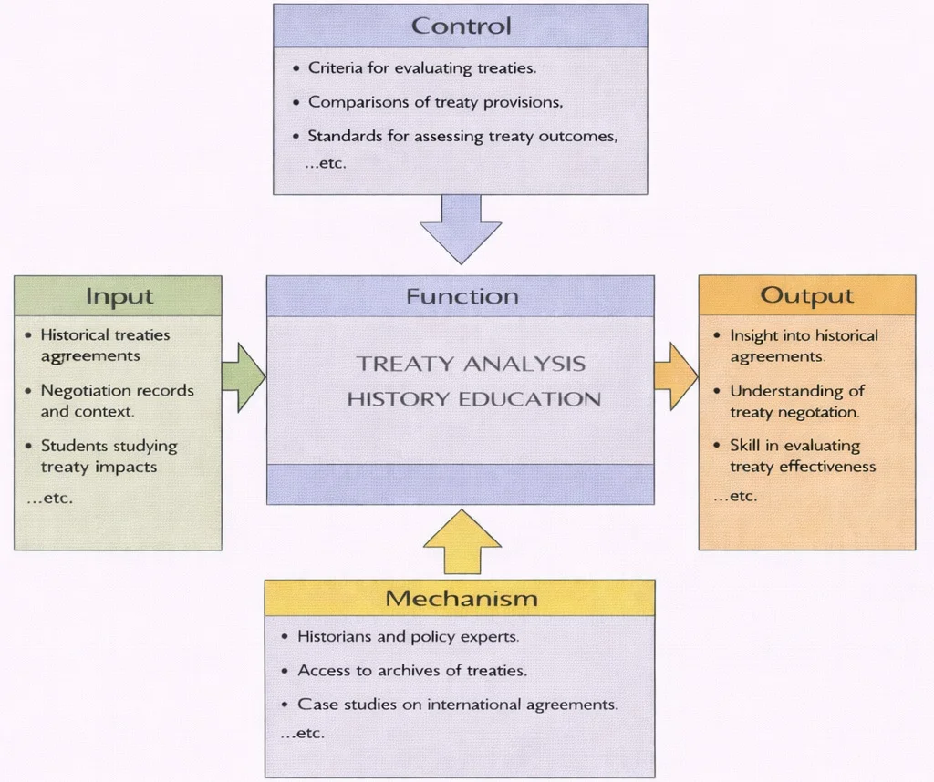 IDEF0 diagram of Treaty Analysis History Education showing input, control, output, and mechanism flowing into a central function.