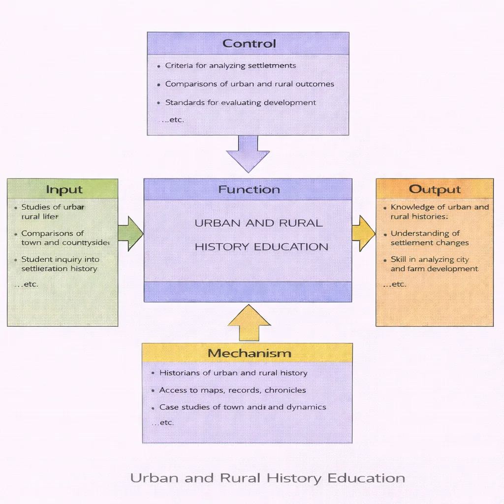 IDEF0 diagram showing Urban and Rural History Education with Inputs, Controls, Outputs, and Mechanisms linked by arrows to a central Function box.
