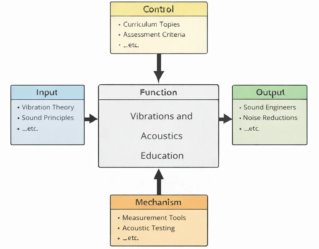 IDEF0 diagram of Vibrations and Acoustics Education showing vibration theory and sound principles as inputs, guided by curriculum topics and assessment criteria, enabled by measurement tools and acoustic testing, producing sound engineers and noise reductions.