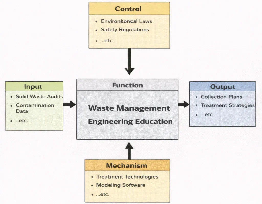 IDEF0 I–C–O–M diagram for Waste Management Engineering Education, showing Inputs and Controls feeding the central Function, producing Outputs, supported by Mechanisms.