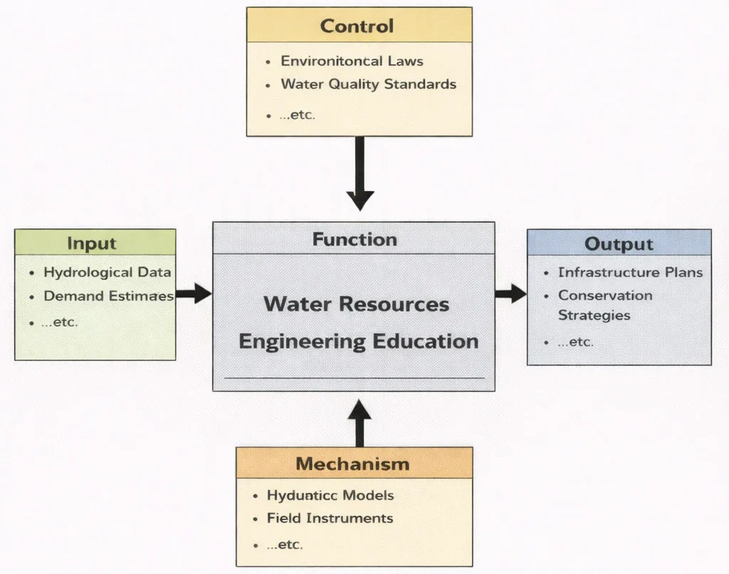 IDEF0 (Input–Control–Output–Mechanism) diagram for Water Resources Engineering Education, showing inputs (hydrologic data and watershed conditions), controls (water regulations and design standards), outputs (water supply and flood-mitigation solutions), and mechanisms (models, tools, and field methods) feeding the central function.