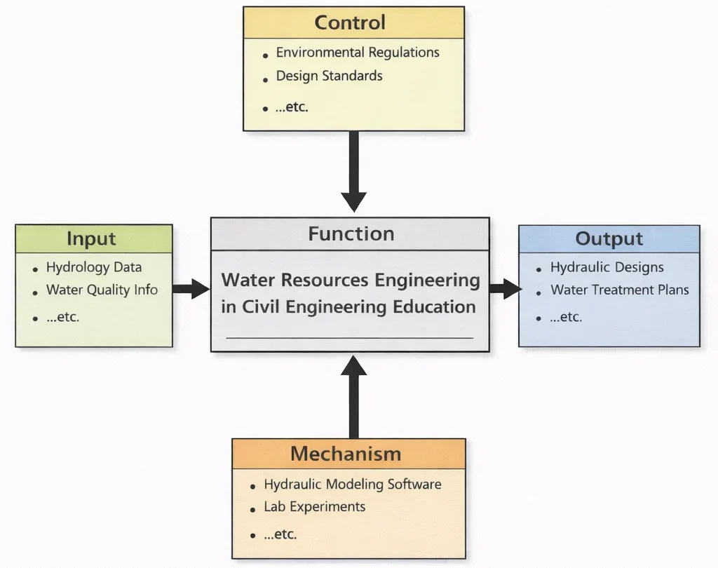 IDEF0 diagram of Water Resources Engineering in Civil Engineering Education showing hydrology and water-quality inputs, controls from environmental regulations and design standards, mechanisms such as hydraulic modeling software and lab experiments, and outputs including hydraulic designs and water treatment plans.