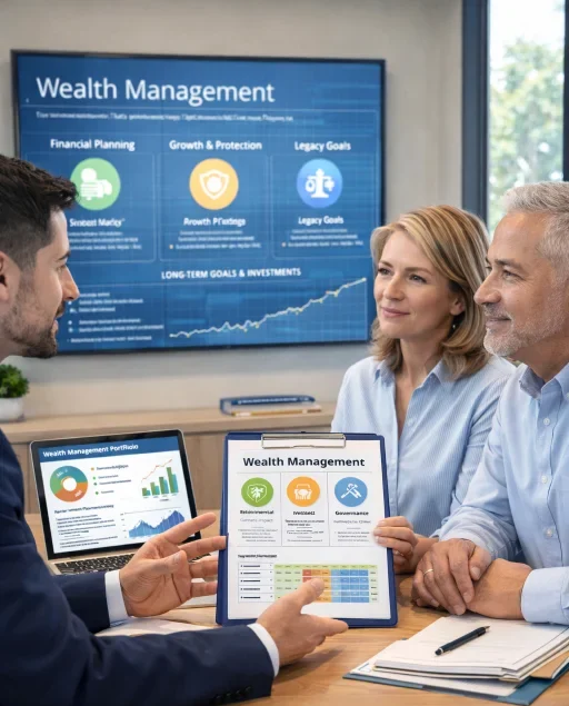 Financial advisor discussing long-term wealth planning with a middle-aged couple in a modern office.