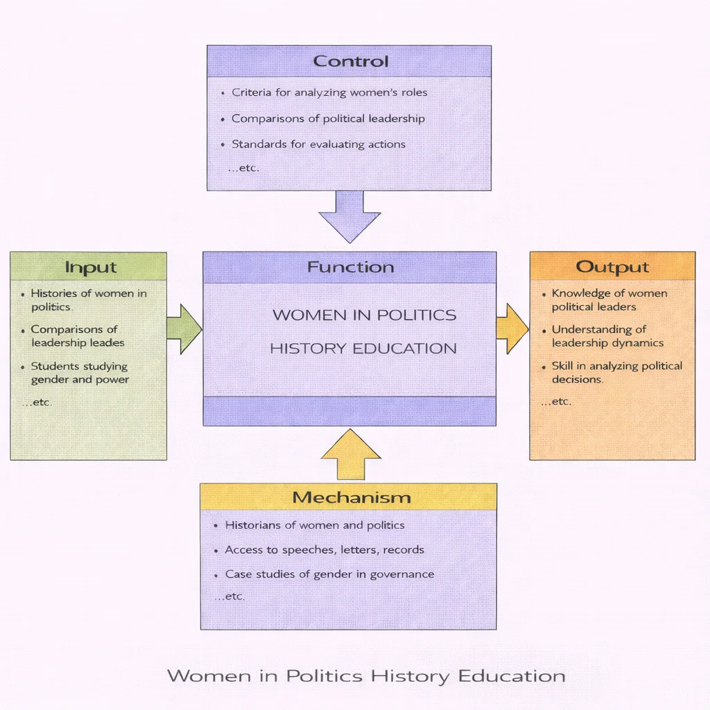 IDEF0 diagram showing “Women in Politics History Education” as the central function, with Input, Control, Output, and Mechanism boxes connected by arrows.