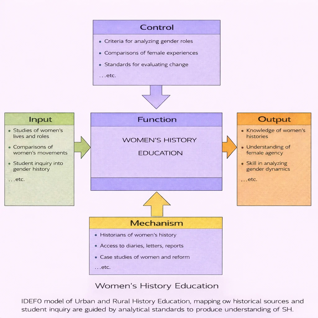 IDEF0 diagram for Women’s History Education showing Inputs, Controls, Mechanisms, and Outputs feeding a central “Function” box.