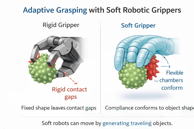 Soft robotic gripper conforming to irregular objects demonstrating adaptive grasping.