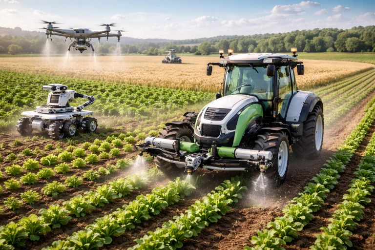 Autonomous agricultural robots including a precision tractor, field rover, and aerial drone operating together in a crop field.