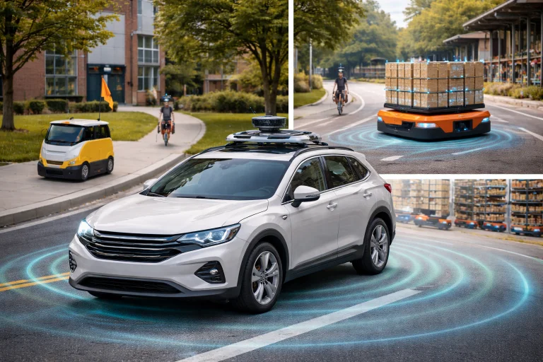 Autonomous ground vehicles operating in different environments, including warehouse logistics robots, a campus delivery robot, and a sensor-equipped research rover using LiDAR and cameras for navigation.
