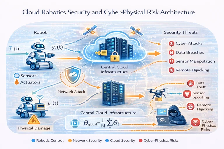 Cloud robotics security architecture showing robots communicating with cloud infrastructure while cyber-physical threats such as data theft, sensor spoofing, and remote hijacking are illustrated.