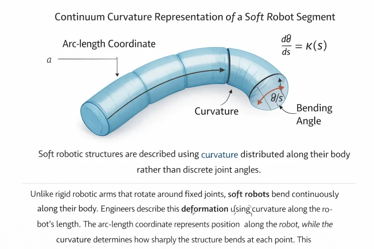Continuum curvature representation of a soft robotic arm showing arc length coordinate, curvature, and bending angle.