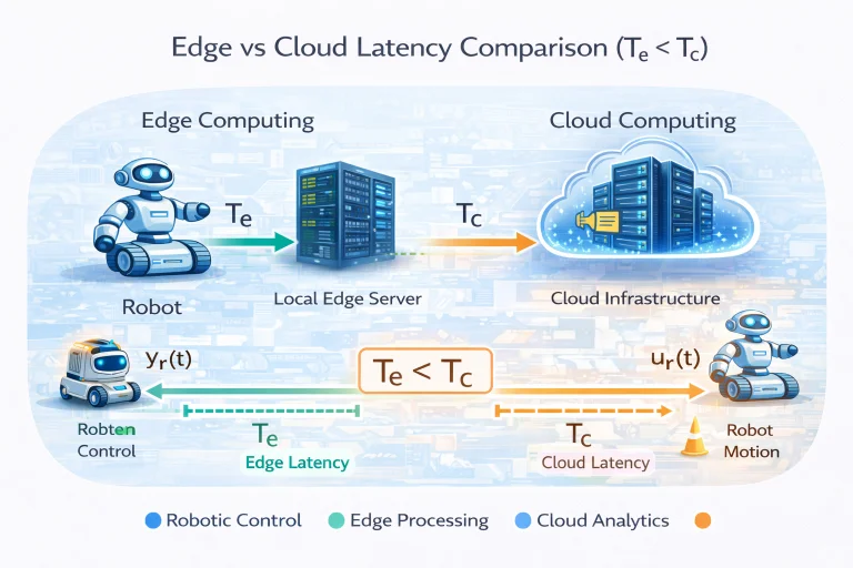 Comparison of edge computing and cloud computing latency in robotics showing a robot connected to a nearby edge server and a distant cloud data center with T(e) < T(C)