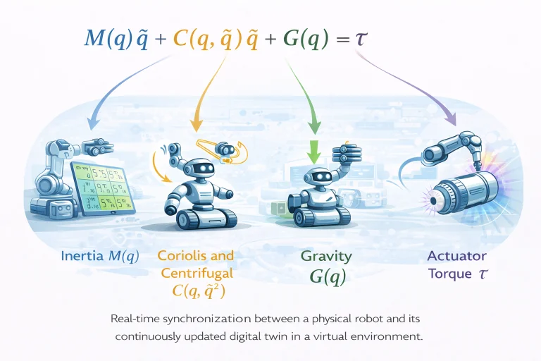 Visualization of the robotic dynamics equation showing inertia M(q), Coriolis and centrifugal effects C(q, q-dot), gravity G(q), and actuator torque tau acting on a robotic joint.