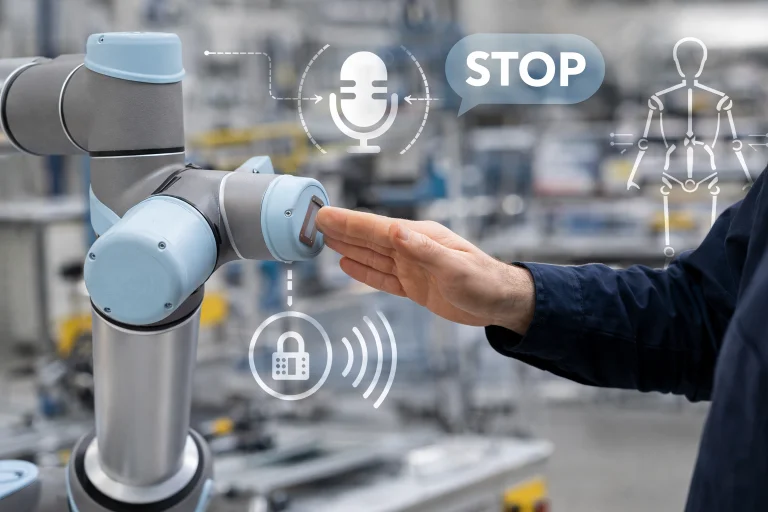 Collaborative robot interacting safely with a human worker while voice commands, safety monitoring, and ethical control systems are illustrated.