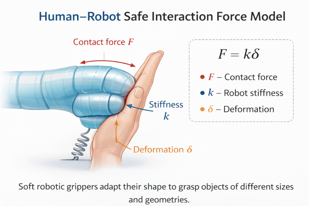 Soft robotic arm safely interacting with a human hand illustrating the contact force model F = kδ.