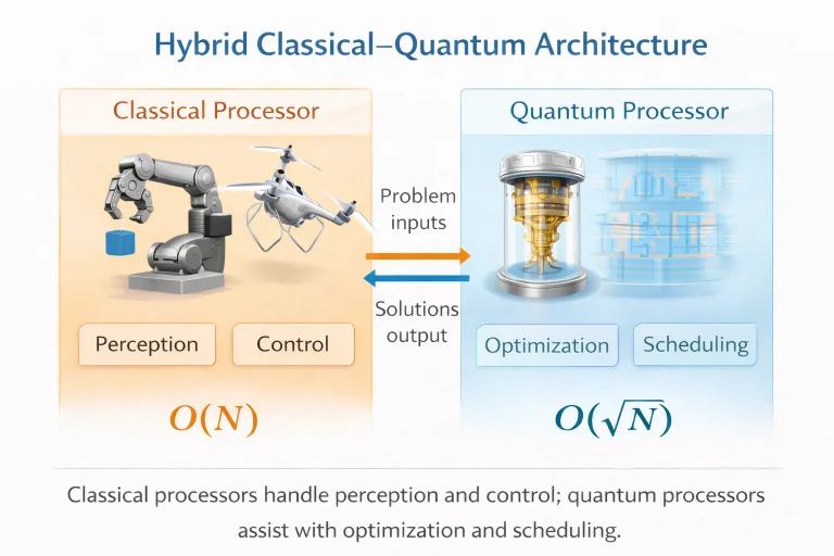 Hybrid classical–quantum architecture for robotics showing classical processors managing perception and control while quantum processors perform optimization.