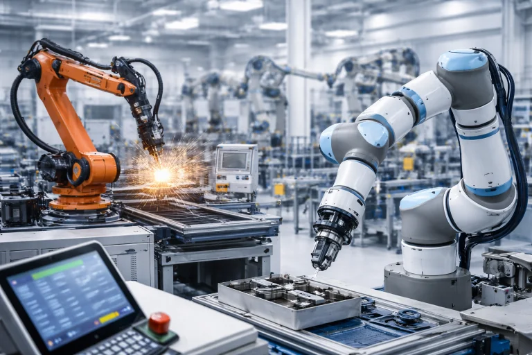 Industrial robotic arms and a collaborative robot operating within a modern automated manufacturing cell.
