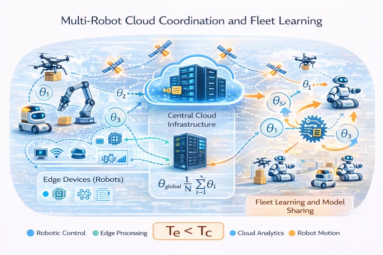 Multiple robots connected to a central cloud platform sharing machine learning models and coordinating tasks through distributed cloud robotics infrastructure.