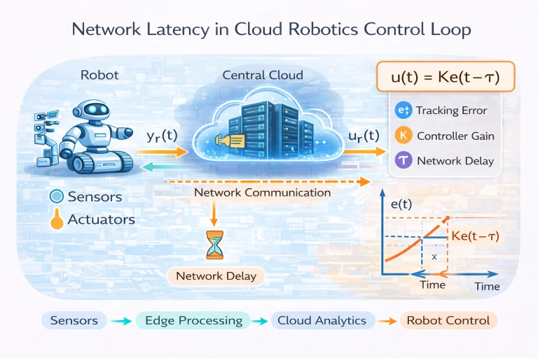 Network latency in cloud robotics control loop showing sensor data transmitted from a robot to a cloud server and delayed control commands returning to the robot.