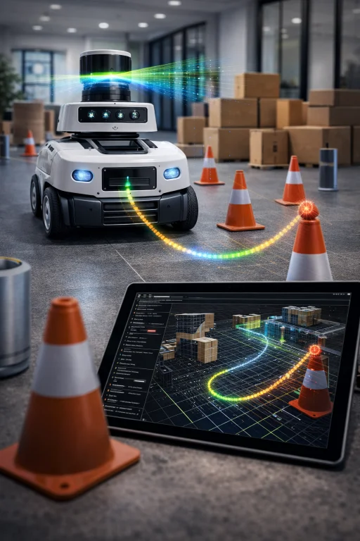 Autonomous robot navigating around obstacles using path planning algorithms while LiDAR sensors compute a collision-free route.