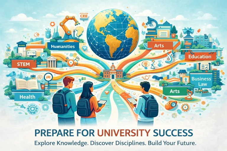 Students standing at the start of multiple academic pathways leading toward university disciplines and future fields of study.
