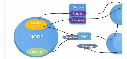 Diagram showing ROS architecture with robot sensors and controllers represented as nodes that communicate through topics and services using a publish–subscribe communication model.