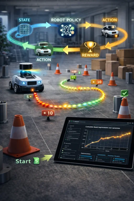 Robot learning navigation using reinforcement learning through repeated trial-and-reward interaction with an obstacle environment.